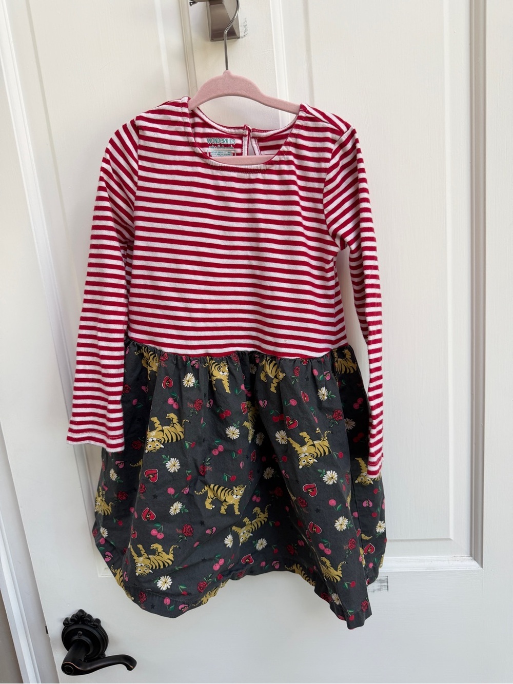 Wonderkids 4T Girls Red White Striped  Dark Floral Tiger Print Long Sleeve Dress
